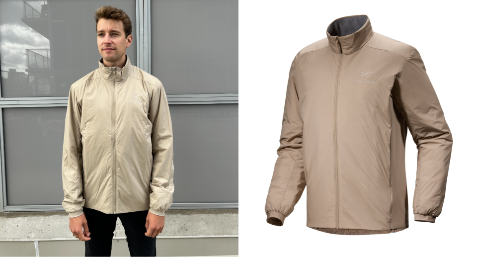 split screen of blonde man wearing black jeans and beige Arc’teryx Atom Jacket 