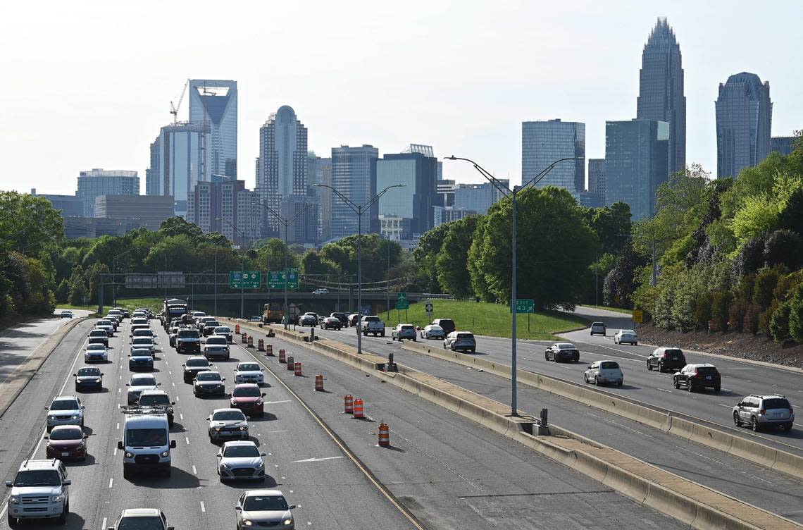 The skyline of Charlotte, NC from the Hawthorne Lane bridge on Wednesday, April 20, 2022.