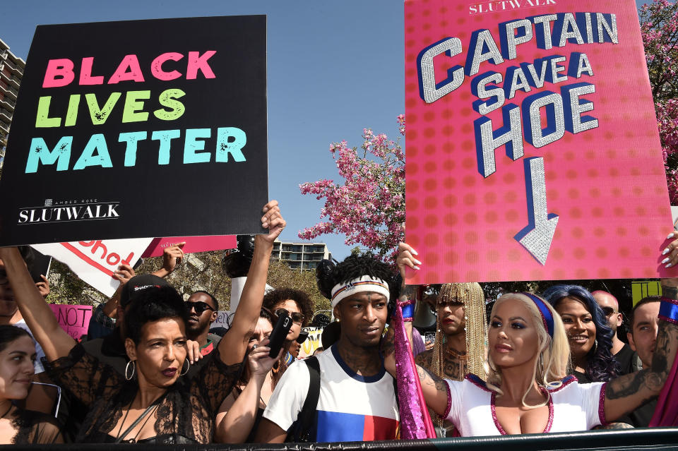 Dorothy Rose, rapper 21 Savage and model Amber Rose attend the 3rd annual Amber Rose SlutWalk on Oct. 1.