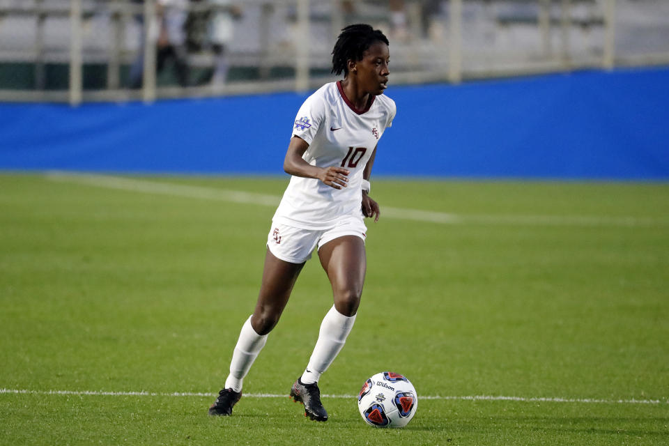 Florida State forward Jody Brown moves the ball against the Santa Clara during the second half of the NCAA College Cup championship soccer match in Cary, N.C., Monday, May 17, 2021. (AP Photo/Karl B DeBlaker)