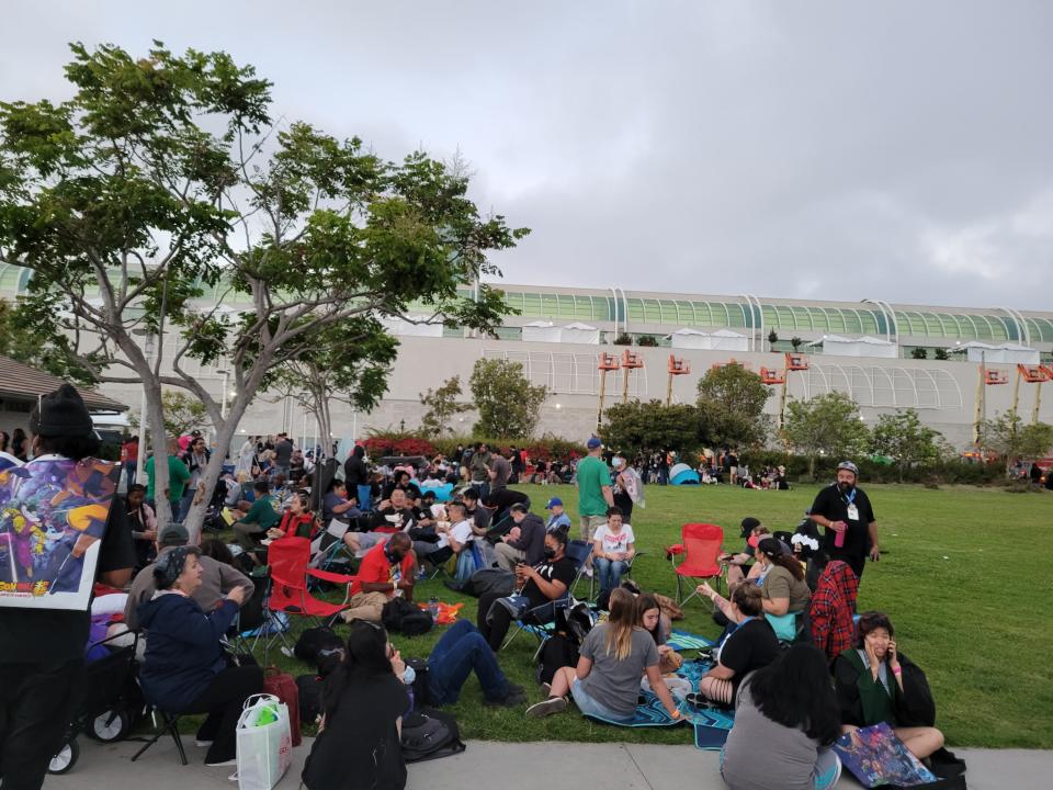 A long line of fans camped out to get into Hall H for Marvel's Hall H panel at San Diego Comic-Con 2022.