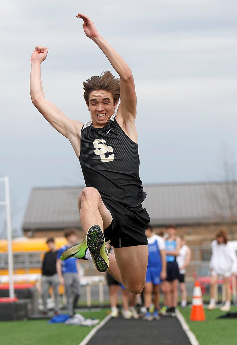 South Central's Isaac Blair competes in the long jump during the Forest Pruner Track Invitational at Crestview High School on Friday, April 22, 2022. TOM E. PUSKAR/TIMES-GAZETTE.COM