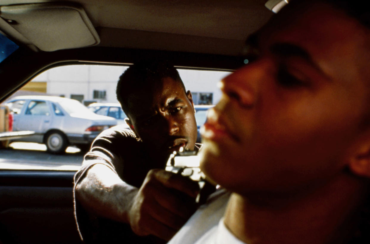 MENACE II SOCIETY, Tyrin Turner (right), 1993, at gunpoint (Everett Collection)