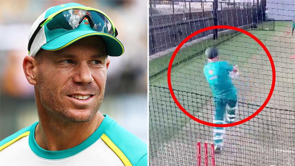 David Warner (pictured left) during training and (pictured right) in the nets.