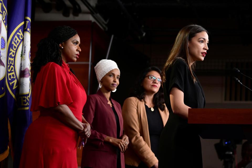 Reps Ayanna Pressley, Ilhan Omar, Rashida Tlaib and Alexandria Ocasio-Cortez hold a news conference (REUTERS)