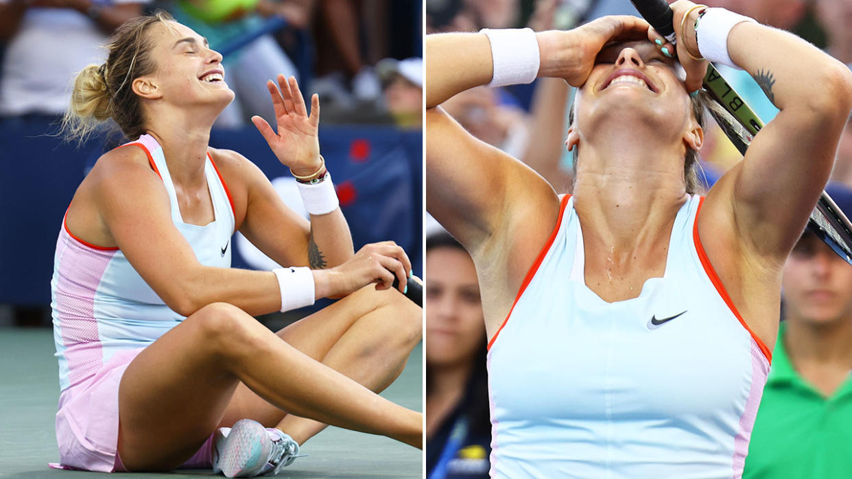 Pictured here, Aryna Sabalenka reacts after her extraordinary comeback win over Kaia Kanepi at the US Open. 