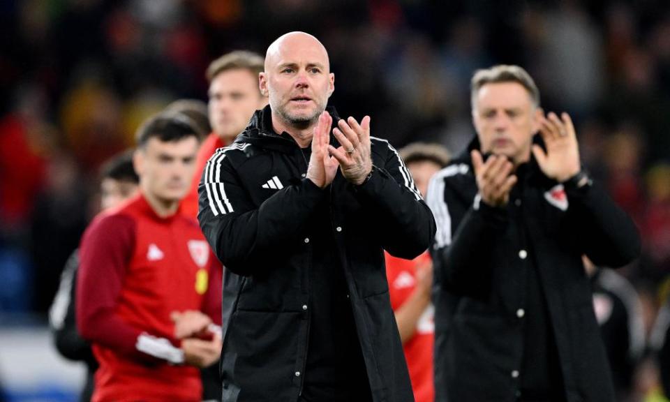 Wales manager Rob Page acknowledges his side’s supporters after the 2-1 win over Croatia