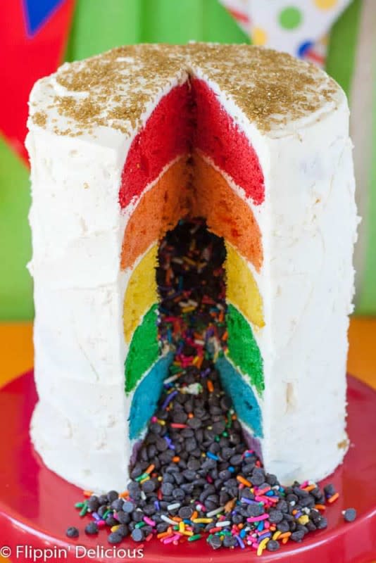 <p>Sweet 4 or 6 layer gluten-free rainbow cake with buttery frosting, perfect for a kid's birthday or any fun celebration. What is more fun than a bright colored cake that everyone can eat?</p><p><strong>Get the recipe: <a href="https://flippindelicious.com/2015/03/gluten-free-rainbow-layer-cake.html" rel="nofollow noopener" target="_blank" data-ylk="slk:Gluten-Free Rainbow Cake;elm:context_link;itc:0;sec:content-canvas" class="link rapid-noclick-resp"><em>Gluten-Free Rainbow Cake</em></a></strong></p>