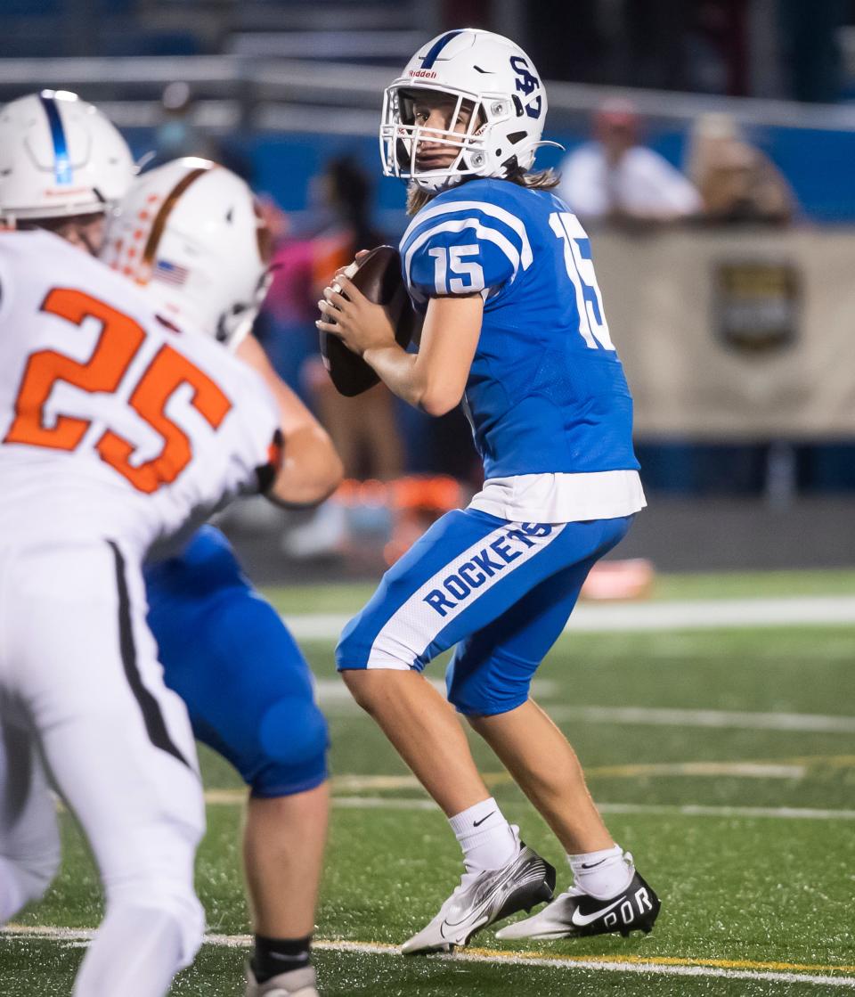 Spring Grove quarterback Cowan Ruhland prepares to throw during the fourth quarter of a YAIAA Division I football game against Central York at Papermakers Stadium on Friday, Oct. 8, 2021, in Jackson Township.
