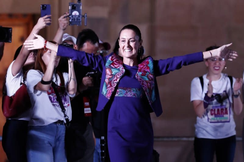 Mexico's presidential candidate Claudia Sheinbaum reacts during a news conference Monday after the general elections in Mexico. Photo by Mario Guzman/EPA-EFE