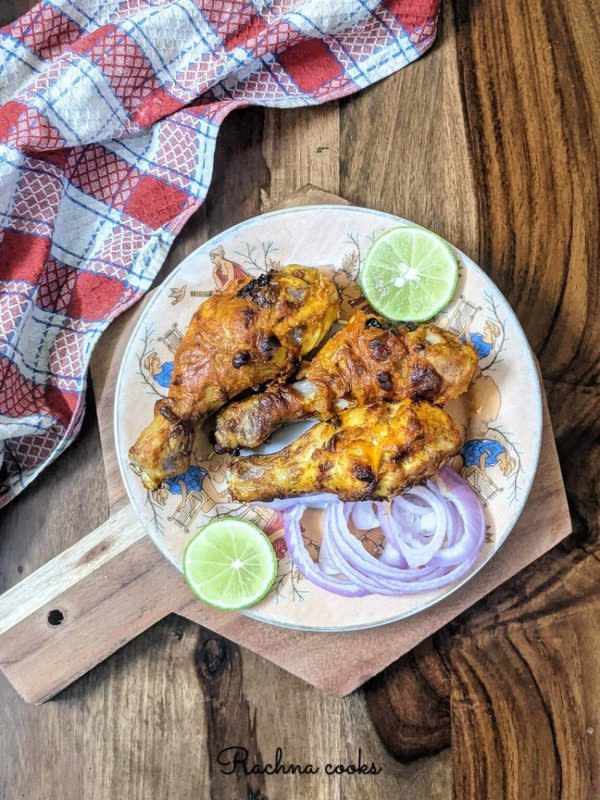 <p>Rachna Cooks</p><p>Tandoori chicken is a universally loved grilled chicken dish from Indian cuisine. Making it in air fryer cooks it faster yet keeping it moist inside and browned outside.</p><p><strong>Get the recipe here: <a href="https://rachnacooks.com/airfryer-tandoori-chicken-recipe-step-by-step-recipe/" rel="nofollow noopener" target="_blank" data-ylk="slk:Tandoori Chicken;elm:context_link;itc:0;sec:content-canvas" class="link ">Tandoori Chicken</a></strong></p>