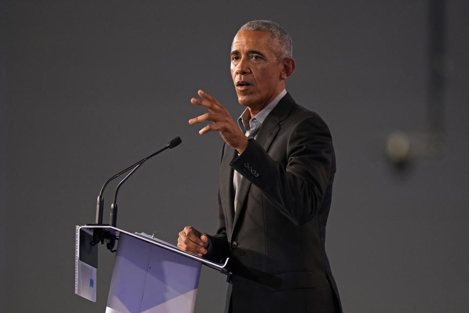 Former U.S. President Barack Obama speaks during the COP26 U.N. Climate Summit in Glasgow, Scotland, Monday, Nov. 8, 2021. The U.N. climate summit in Glasgow is entering it's second week as leaders from around the world, are gathering in Scotland's biggest city, to lay out their vision for addressing the common challenge of global warming. (AP Photo/Alberto Pezzali)