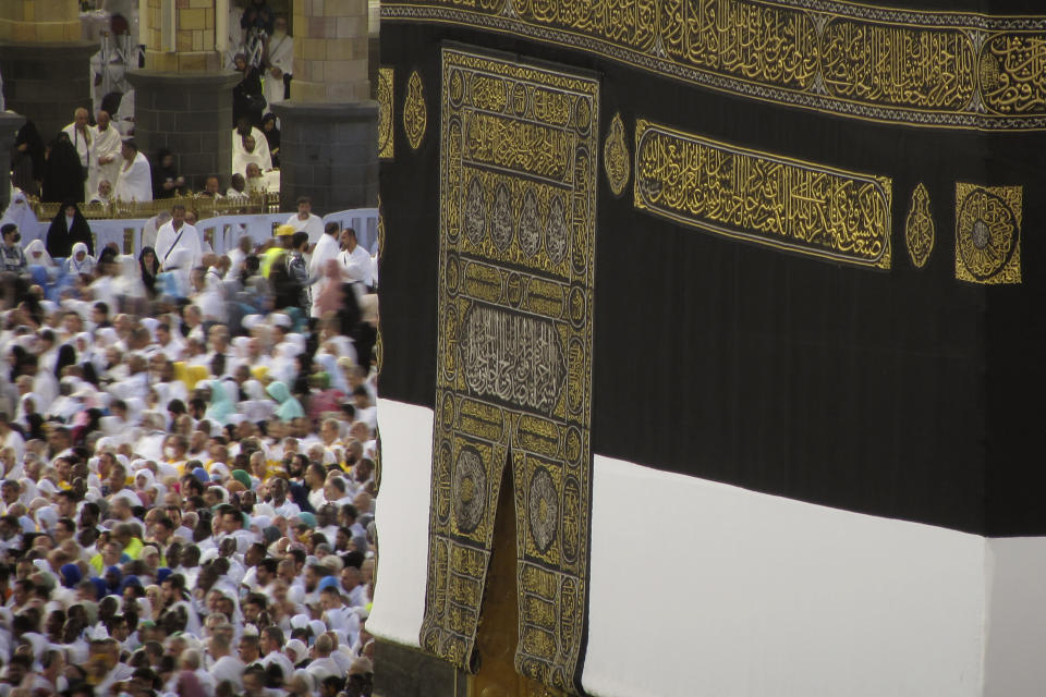Muslim pilgrims circumambulate around the Kaaba, the cubic structure at the Grand Mosque, during the annual hajj pilgrimage, in Mecca, Saudi Arabia, Saturday, June 24, 2023. Muslim pilgrims are converging on Saudi Arabia's holy city of Mecca for the largest hajj since the coronavirus pandemic severely curtailed access to one of Islam's five pillars. (AP Photo/Amr Nabil)