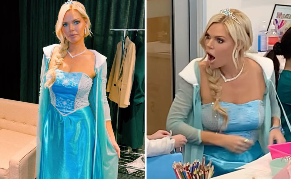 Two photos of Sophie Monk in her Elsa costume