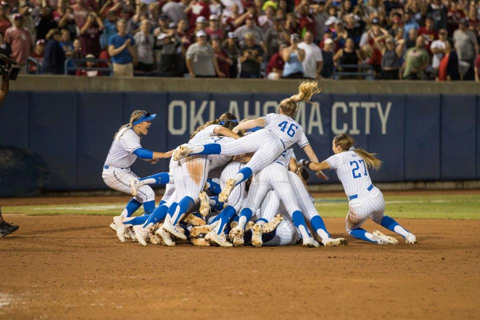 The UCLA Bruins celebrate winning the 2019 NCAA Women's College World Series, which is held annually in Oklahoma City.