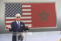 US Ambassador to Morocco David T. Fischer, speaks to the media upon arriving in Dakhla, Morocco-administered Western Sahara, Sunday Jan. 10, 2021. The highest ranking U.S. diplomat for North Africa and the Middle East, as well as the first ever U.S Ambassador, traveled Sunday to the Morocco-administered Western Sahara city of Dakhla, laying the groundwork for the United States to set up a consulate in the disputed territory. (AP Photo/Noureddine Abakchou)