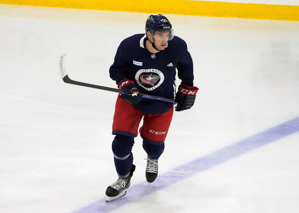 Sep 13, 2023; Columbus, OH, USA; Columbus Blue Jackets prospect David Jiricek during practice at the Ice Haus.