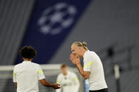 Manchester City's Erling Haaland gestures during a training session at the Ataturk Olympic Stadium in Istanbul, Turkey, Friday, June 9, 2023. Manchester City and Inter Milan are making their final preparations ahead of their clash in the Champions League final on Saturday night. (AP Photo/Antonio Calanni)