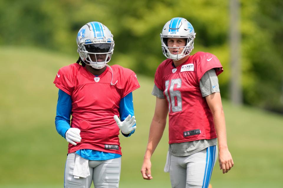 Lions quarterback Teddy Bridgewater, left, stands next to quarterback Jared Goff during training camp practice on Monday, Aug. 14, 2023, in Allen Park.