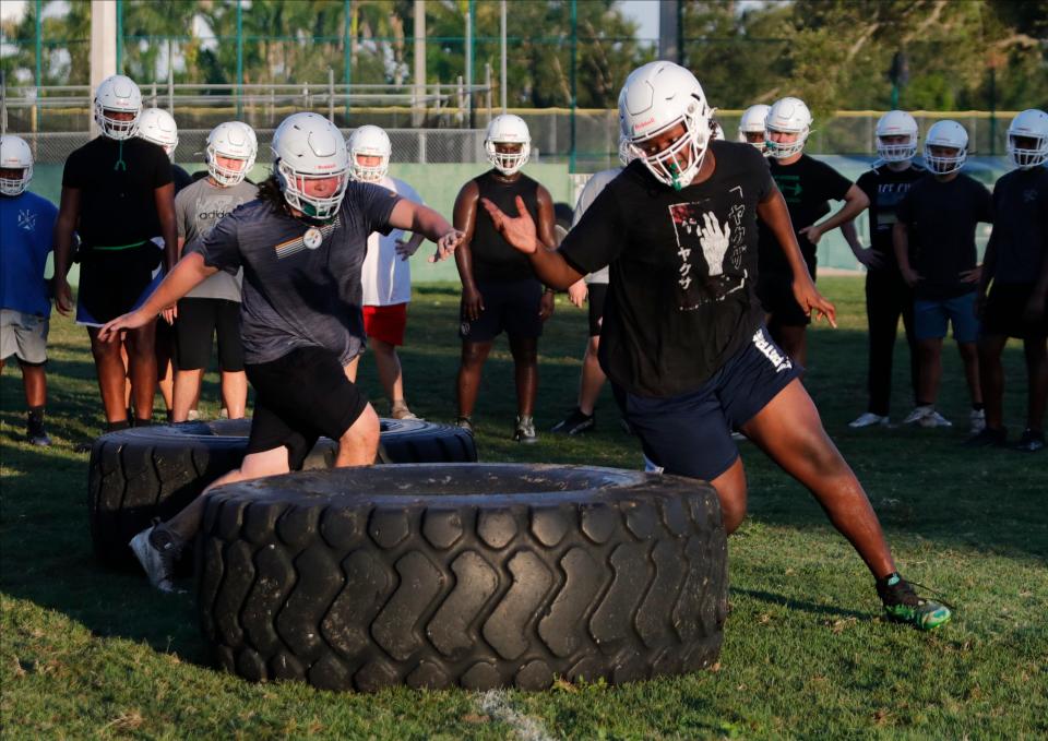 Fort Myers High School football players were up early on Tuesday, August 1, 2023, as practices got underway for their upcoming season. (Syndication: The News-Press)