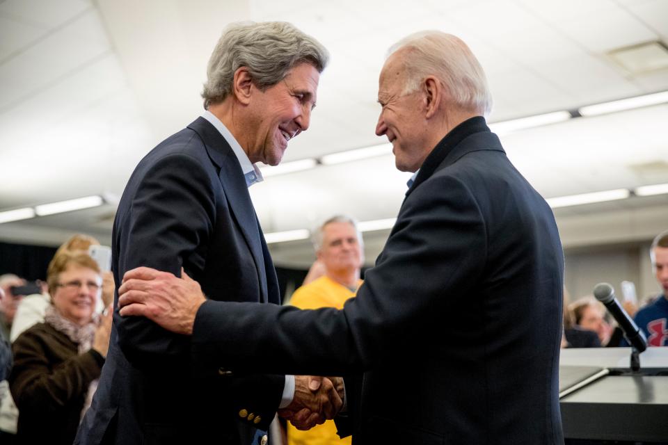 Former Secretary of State John Kerry campaigns for former Vice President Joe Biden  in North Liberty, Iowa, on Feb. 1, 2020.