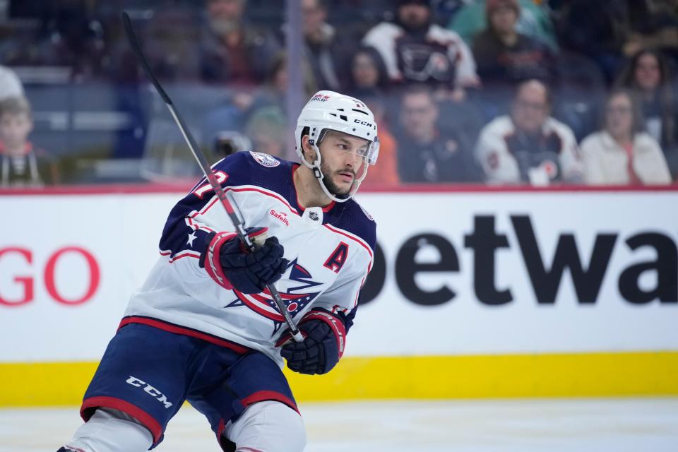 Columbus Blue Jackets' Justin Danforth plays during an NHL hockey game, Thursday, Jan. 4, 2024, in Philadelphia. (AP Photo/Matt Slocum)