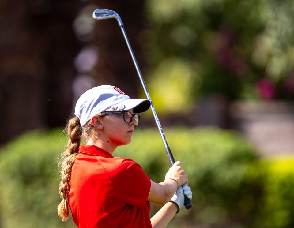 Palm Desert's Sophia Waddell tees off at Monterey Country Club in Palm Desert, Calif., Saturday, Sept. 7, 2024.