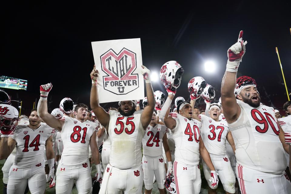 Utah players celebrate a win over Southern California in an NCAA college football game Saturday, Oct. 9, 2021, in Los Angeles. | Marcio Jose Sanchez, Associated Press