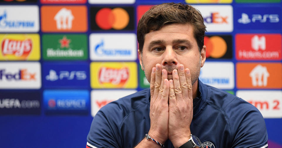   Paris Saint-Germain's Argentinian head coach Mauricio Pochettino gestures during a press conference at The Jan Breydel Stadium in Bruges on September 14, 2021, on the eve of the UEFA Champions League Group A football match against Club Brugge. 