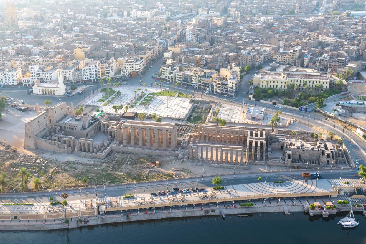 An aerial view of Luxor Temple in the middle of Luxor town, Egypt