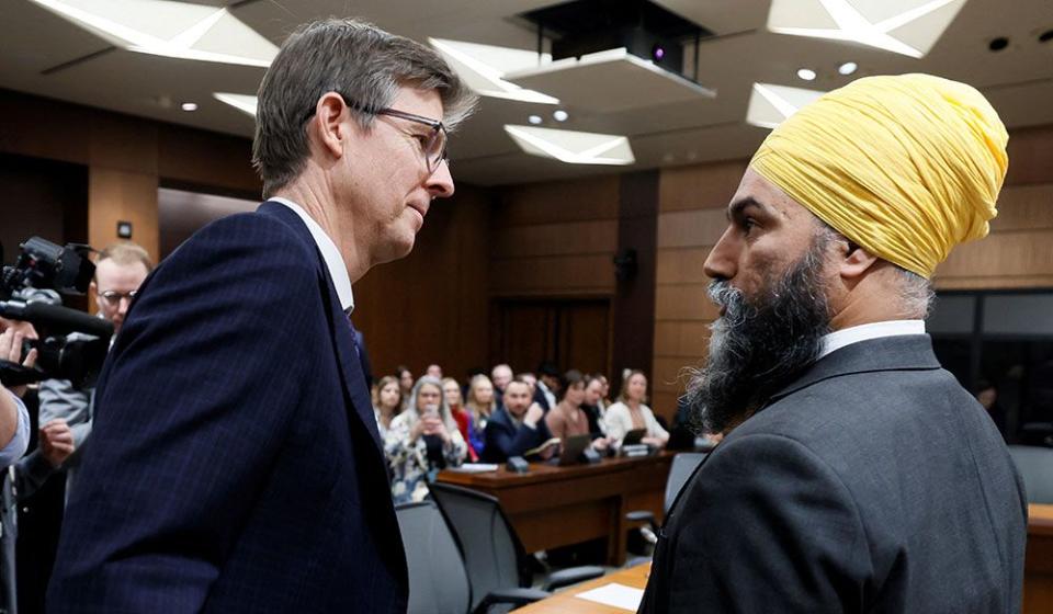  Loblaw president Galen Weston Jr. greets Canada’s New Democratic Party leader Jagmeet Singh at the committee hearing in Ottawa on March 8.