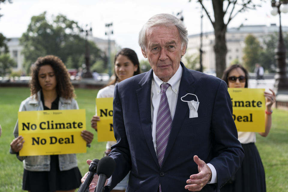 Sen. Ed Markey, D-Mass., speaks about climate change during a news conference on Capitol Hill, Thursday, Oct. 7, 2021, in Washington. (AP Photo/Alex Brandon)