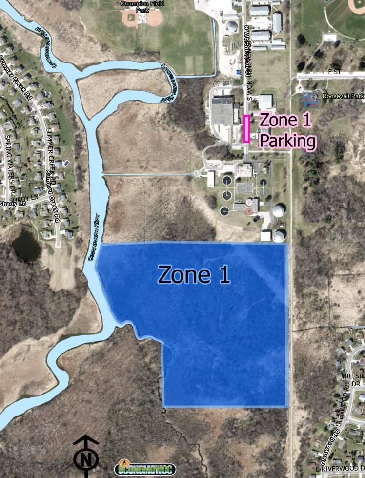 A map showing the first zone for bowhunting in the city of Oconomowoc.