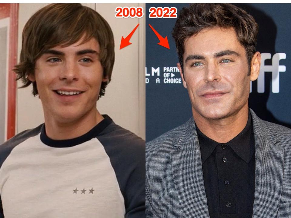 Zac Efron in "High School Musical 3: Senior Year," left; right, in 2022.