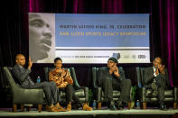 FILE - In this Jan. 15, 2018, file photo, former NBA and WNBA players Anfernee "Penny" Hardaway, left, Swin Cash and James Worthy, right, participate in the Earl Lloyd Sports Legacy Symposium in Memphis, Tenn. Cash believes the NBA is realizing having more women is important to growing the league’s overall brand, business and bottom line. (AP Photo/Brandon Dill, File)