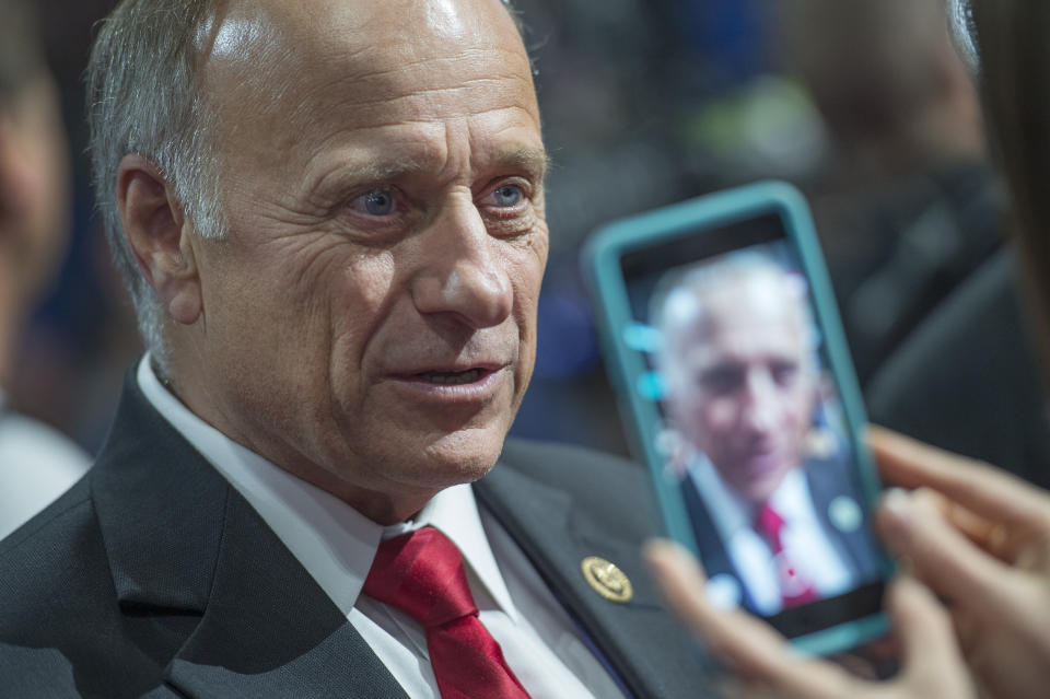 Rep. Steve King, R-Iowa, is interviewed on the floor of the Quicken Loans Arena on first day of the Republican National Convention in Cleveland, Ohio, July 18, 2016. (Photo By Tom Williams/CQ Roll Call) (Photo: Tom Williams via Getty Images)