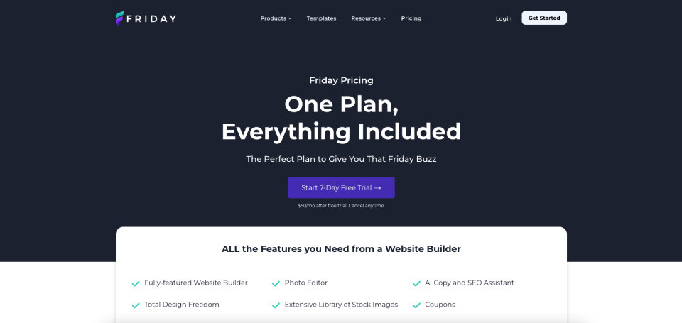 screenshot of friday website builder pricing page