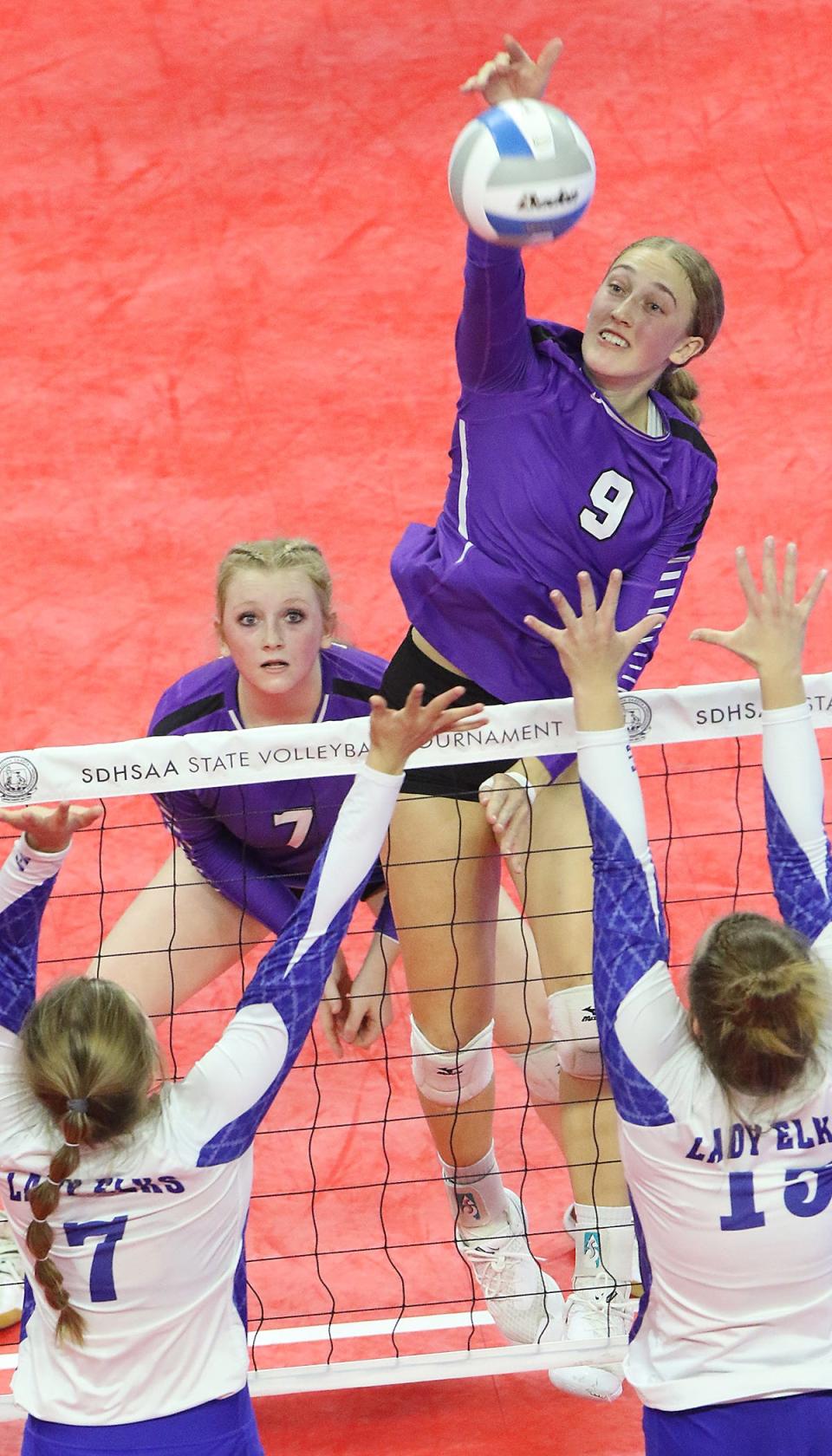 Belle Fourche junior outside hitter Mataya Ward hits a ball over the net against Elkton-Lake Benton at the Class A state tournament on November 17, 2022.