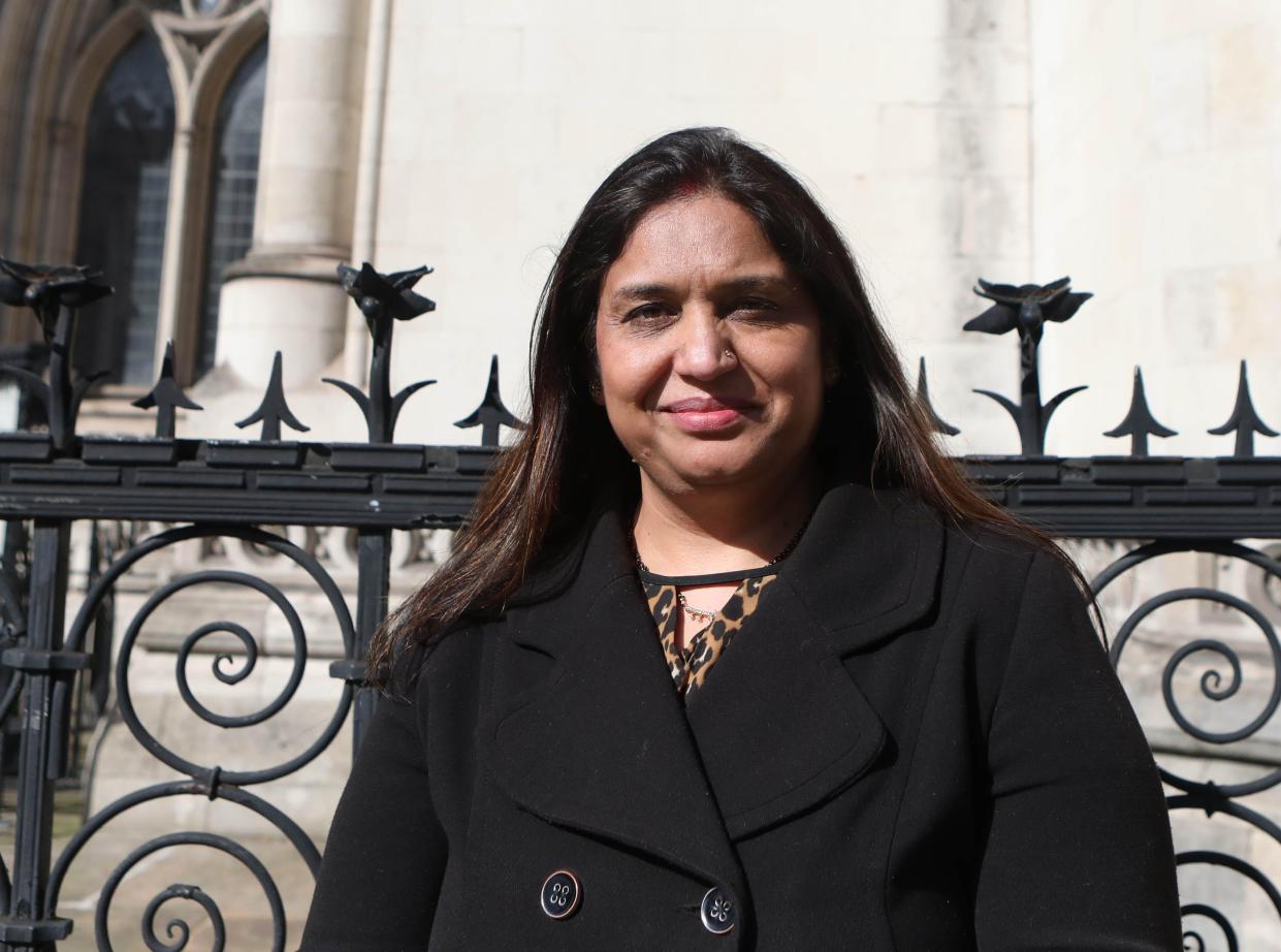 (left to right) Former subpostmaster Seema Misra outside the Royal Courts of Justice, London, ahead of her appeal against a conviction of theft, fraud and false accounting. Dozens of former subpostmasters who were convicted of theft, fraud and false accounting are attempting to clear their names, arguing their convictions are unsafe because of failings in the Post Office's Fujitsu-developed Horizon IT system. Picture date: Monday March 22, 2021.