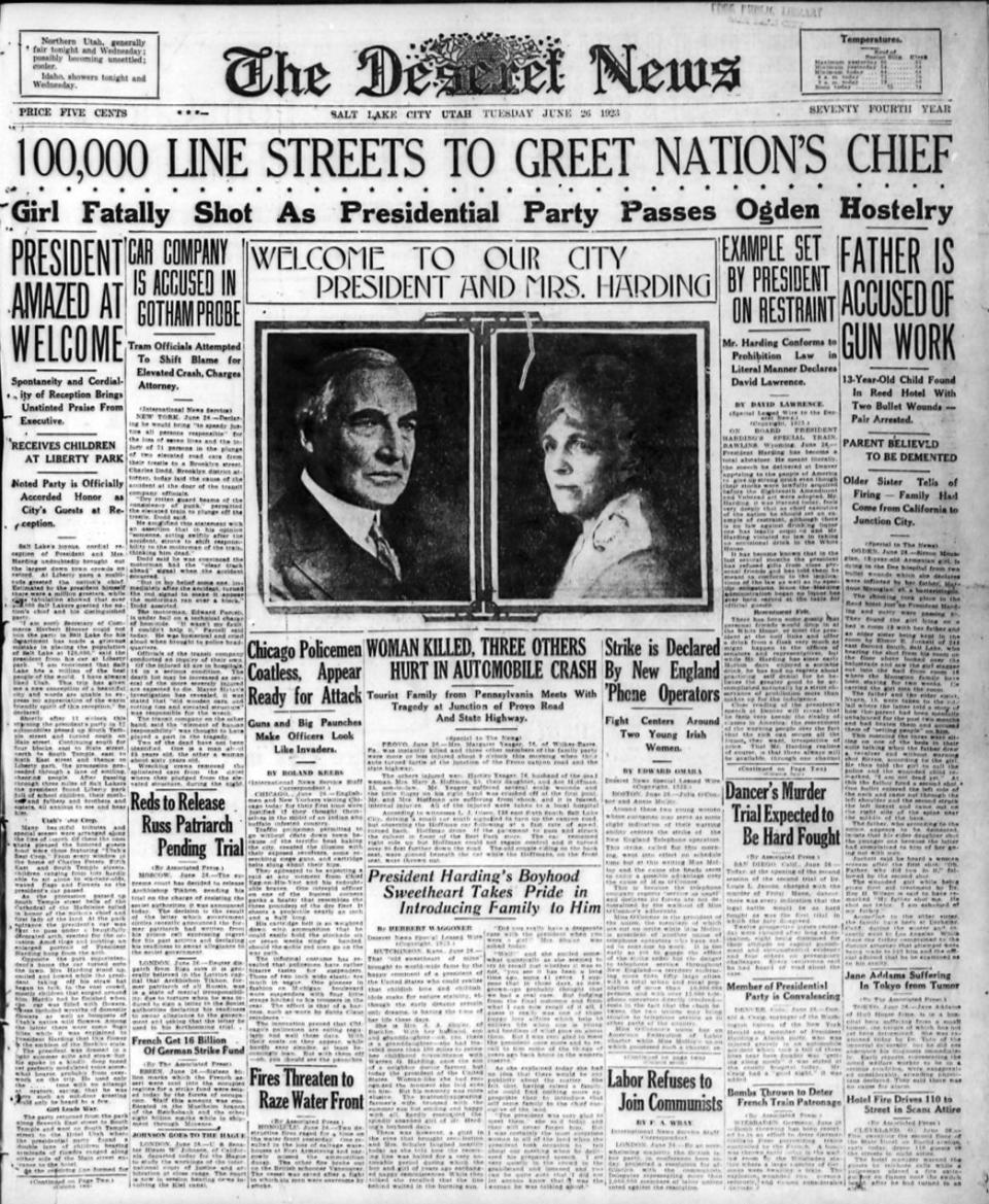 Deseret News for June 26, 1923, Arrival of President and Mrs. Harding. | Ron Fox