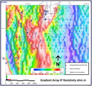 Gradient Array IP Resistivity with gold in soil contour and 8 proposed drill hole locations.