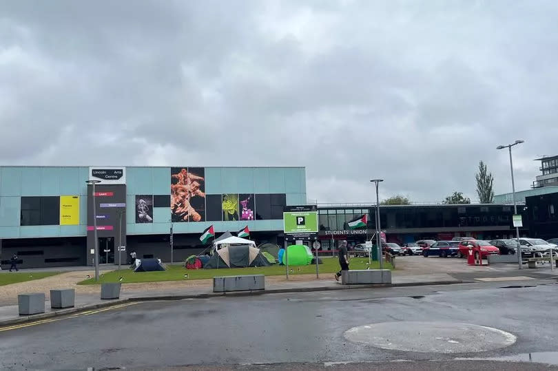 The encampment is set up on a green opposite the Lincoln Arts Centre on campus