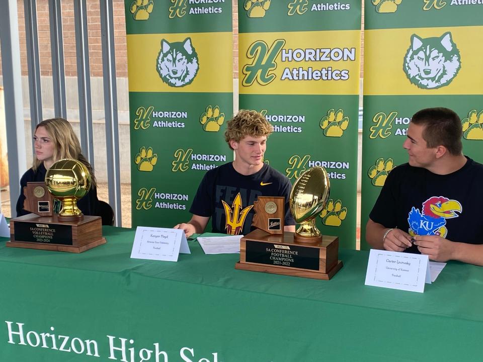 (Left to right) Horizon volleyball player Sky Hartin (Sacramento State), football player Kanyon Floyd (Arizona State) and football player Carter Lavrusky (Kansas).