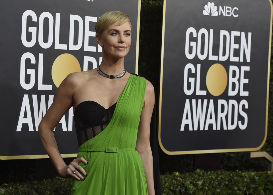 Charlize Theron arrives at the 77th annual Golden Globe Awards at the Beverly Hilton Hotel on Sunday, Jan. 5, 2020, in Beverly Hills, Calif. (Photo by Jordan Strauss/Invision/AP)