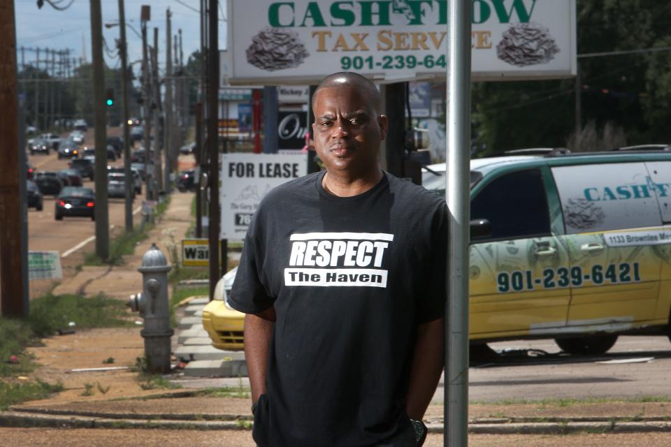 Jason Sharif, executive director of Respect the Haven, which champions Whitehaven's Black owned business, organizes community meet-ups and neighborhood beautification projects in the South Memphis neighborhood, stands along Elvis Presley Blvd. on Thursday, May 26, 2022. 