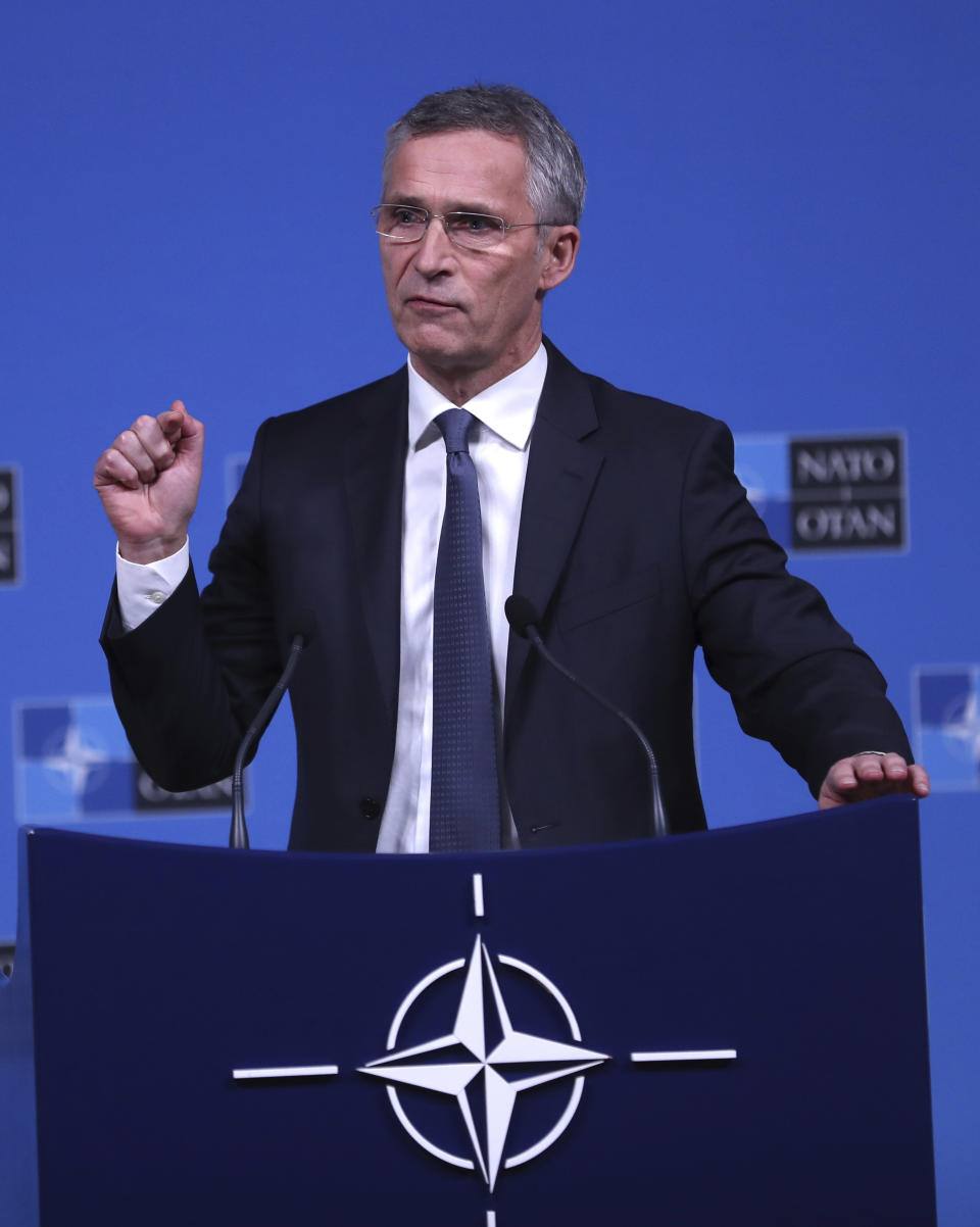 NATO Secretary General Jens Stoltenberg speaks during a media conference after a meeting of NATO foreign ministers at NATO headquarters in Brussels, Tuesday, Dec. 4, 2018. (AP Photo/Francisco Seco)