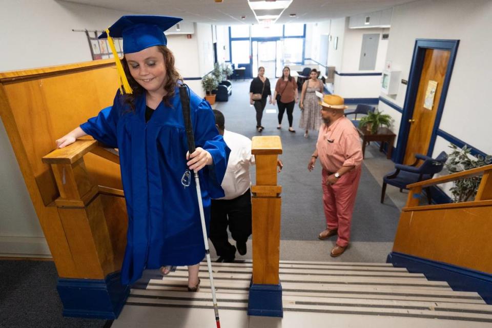 Class of 2022 Graduate Kaylee Grace Yarbrough from Fayetteville, N.C. heads into the auditorium for the Governor Morehead School’s Commencement Ceremony at Lineberry Hall in Raleigh, N.C. on Friday, June 3, 2022. Students such as Yarbrough come from across the state to the K-12 school for its education services for the deaf and visually impaired.