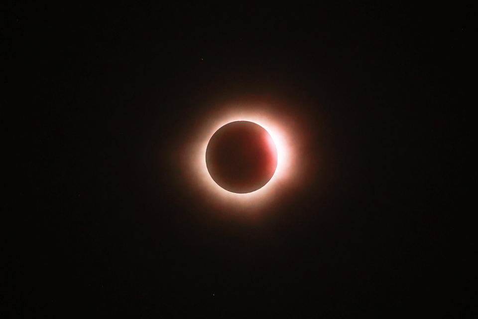 MAZATLAN, MEXICO - APRIL 08: The sun disappears behind the moon during the Great North American Eclipse on April 08, 2024 in Mazatlan, Mexico. Millions of people have flocked to areas across North America that are in the 