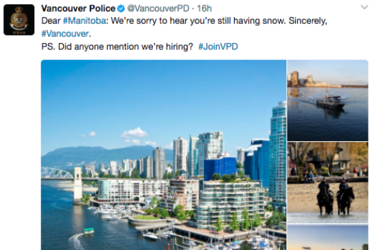 A hilarious Twitter battle broke out between two Canadian police departments — and it all started with this tweet from the Vancouver Police Department.