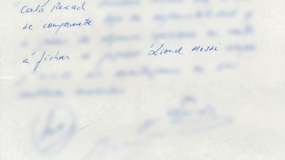 A picture of the original napkin upon which Messi's first contract with Barcelona was signed. The image was provided to CNN with blur added. - Bonhams